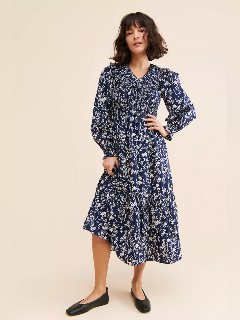 Anthropologie Moon River Ruffle Shirred Midi Dress Boho puffed long sleeve
